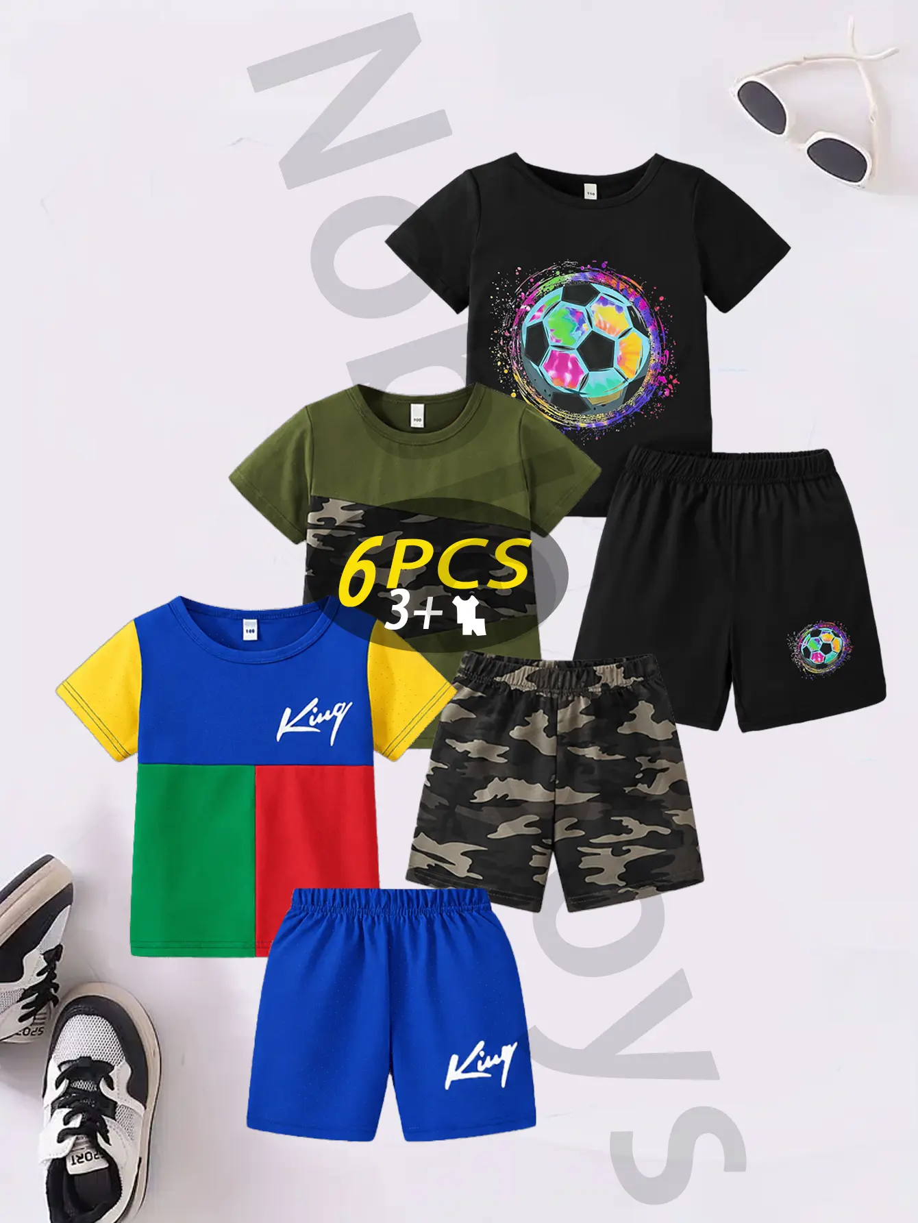 Kids' 6-Piece Shorts Set for Boys & Girls, Printed Athletic Summer Casual Wear, Includes 3 Tops and 3 Bottoms