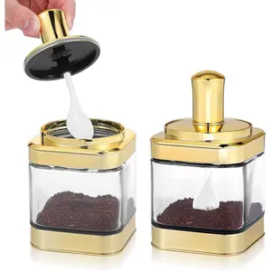 2 Pack 12oz Glass Condiment Containers with Lids and Spoons Gold Seasoning Pot Set Spice Jars Sugar Dispenser for Kitchen Dining Room Counter