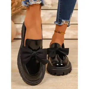 New Bow Loafers for Women, Thick Sole British Style Small Leather Shoes, Slip-On Jk Uniform Shoes, Casual Fashion Footwear, Flat, PU Leather Loafers(Sheets)