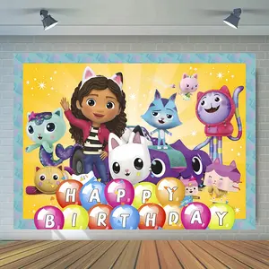 Cartoon Anime Gabby Dollhouse Happy Birthday Banner Backdrop Party Photography Background Poster Wall Art Outdoor Home Decor Celebration Party Supplies