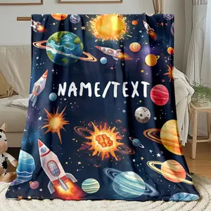 Personalized Space Themed Blanket - Custom Name Throw Blankets with Planets & Rockets - Soft Lightweight Flannel for Bed, Sofa & Camping