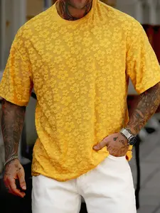 Men's Short Sleeve Casual T-Shirt, Round Neck Knitted Jacquard Floral Flower Design, Versatile Daily Wear, Menswear Suitable for Commuting, Travel, Vacation