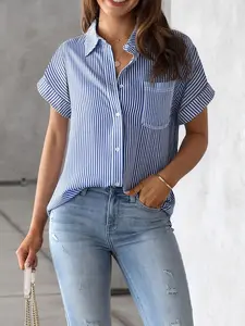 Women's Plus Size Striped Collared Short Sleeve Shirt, Elegant Fitted Design, Casual Summer Top, Comfortable Daily Wear, All Seasons