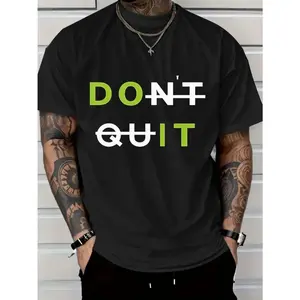 Men's Short-Sleeve Regular Fit Cotton T-Shirt - 2025 Menswear, Bold "DON'T QUIT" Motivational Graphic, White Top with Green & Black Text, Round Neck, Streetwear, Soft Fabric, Machine Washable for Casual Attire & Summer Outdoor Use, Shortsleeve