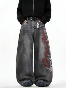 UP.THE Men's Loose-Fit Wide Leg Jeans - Y2K Embroidered Totem Fabric Streetwear for Skateboarders, Menswear Everyday Wear, Oversized Plain T-Shirt Compatible Bottoms