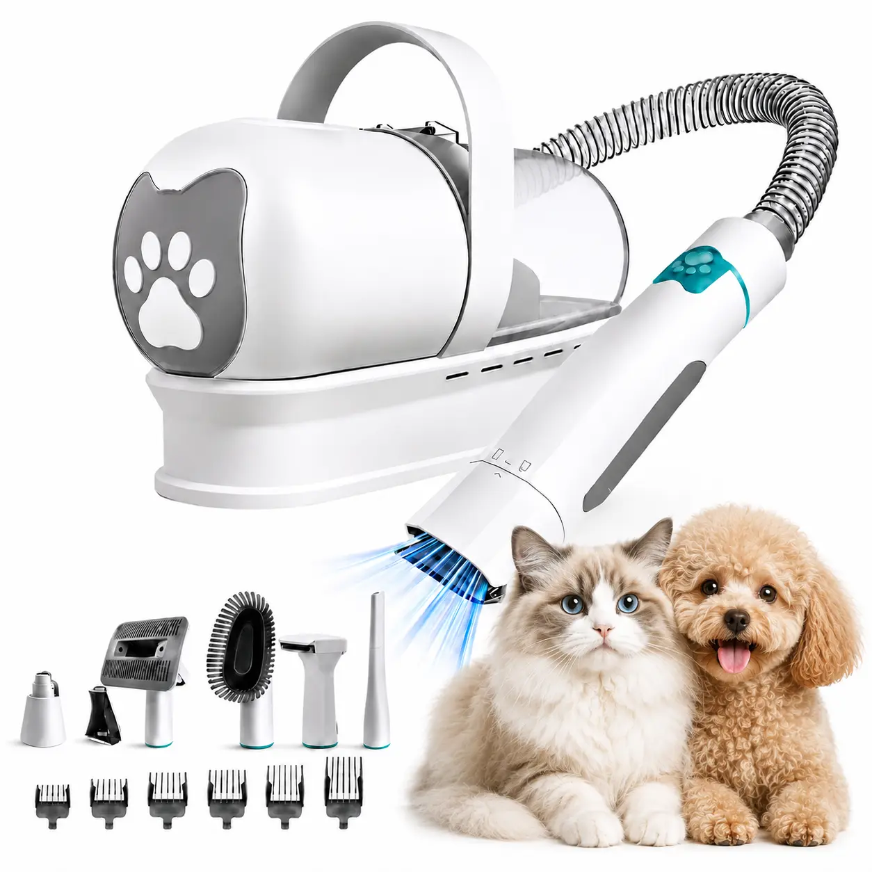 Dog Grooming Vacuum Brush & Clipper Set, 7-in-1 Pet Hair Trimmer for Cats Dogs with Paw Shear, Nail Polisher & 6 Combs