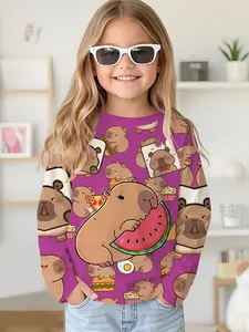 Long-sleeved round-neck drop-shoulder sports sweatshirt, Cute animal sweatshirt top T-shirt with all-over digital printing of capybaras and food on a purple background, for girls in spring and autumn, 100% polyester, gift for girls