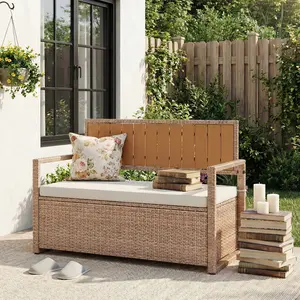 5 Gallon Outdoor Storage Bench, All-Weather PE Rattan Deck Box with Seat, Wicker Patio Furniture for Cushions, Garden Tools, Pool Accessories, Water-Resistant, Yellow Wicker/Brown Wicker