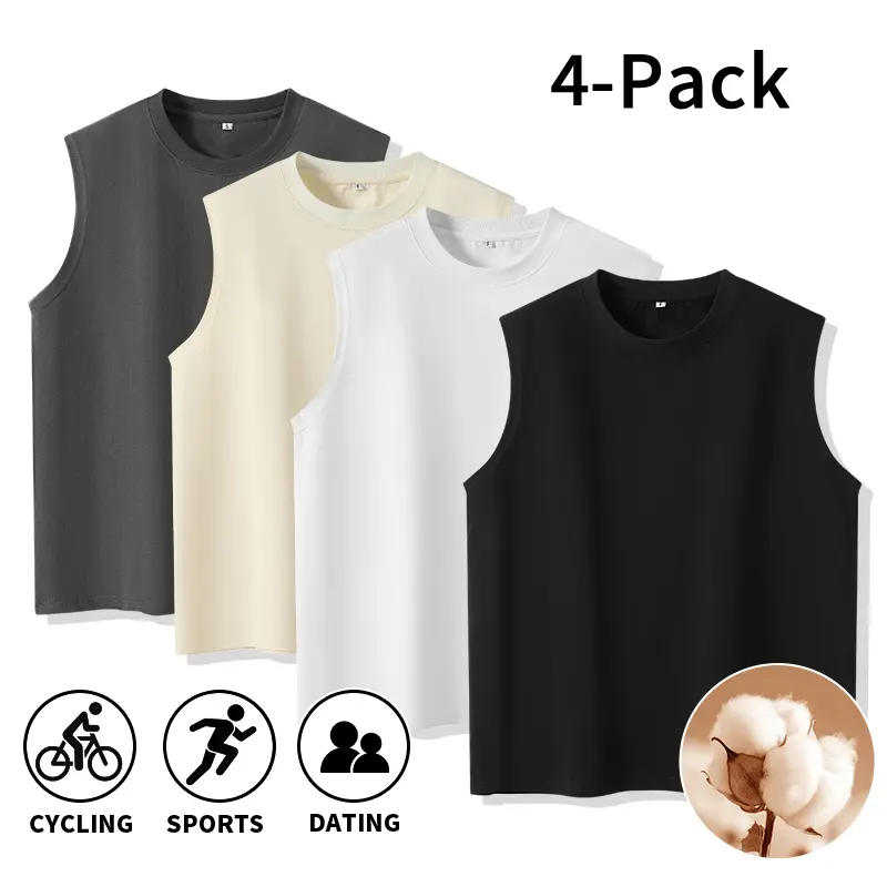 Menswear 4-Pack Multicolor Men's Layering Undershirts - Soft Cotton Stylish Round Neck Loose Sleeveless Tank Tops, Breathable Comfortable Vests for Daily Commute, Light Sports, Baggy
