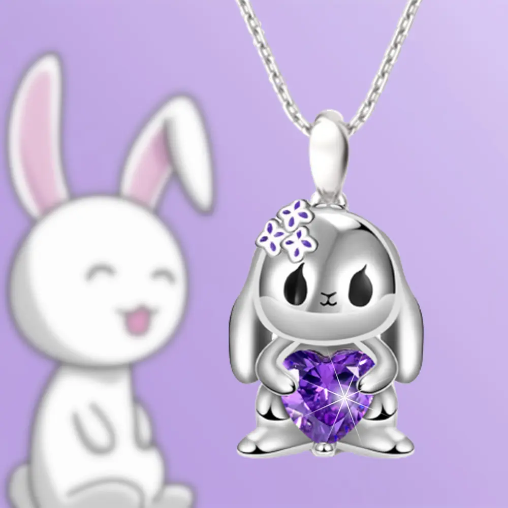 Cute Rabbit Pendant Lavender Heart-Shaped Floppy-Eared Bunny Alloy Necklace - Stainless Steel Jewelry, Adjustable Chain, Daily Geometric Accessory Gift for Women for Valentine’s Birthday, Animal, Enchanting, Short