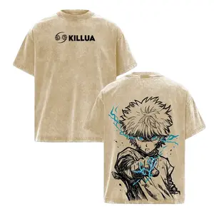Killua Zoldyck Hunter x Hunter Vintage Washed Oversized T-Shirt Anime Streetwear Graphic Tee with Lightning Godspeed Blue Eyes Print Unisex Heavyweight Cotton Gen Z Aesthetic Double Sided Harajuku Manga Shirt Gift for Anime Fans