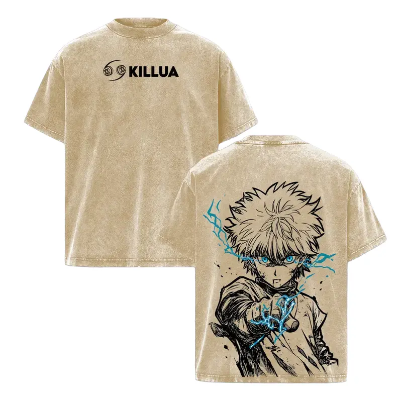 Killua Zoldyck Hunter x Hunter Vintage Washed Oversized T-Shirt Anime Streetwear Graphic Tee with Lightning Godspeed Blue Eyes Print Unisex Heavyweight Cotton Gen Z Aesthetic Double Sided Harajuku Manga Shirt Gift for Anime Fans
