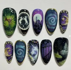 Magical fantasy nails with unicorns, moons, spirals, gothic castles, enchanted forests, and celestial accents – a mystical fairytale-inspired manicure