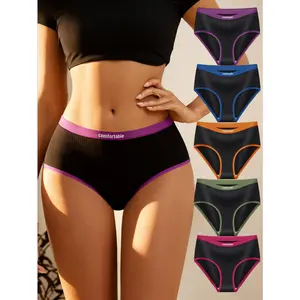 QUASTI 5 Pack Women Girls High Waisted Contrast Letter Briefs, Stretch Cotton Seamless Anti-Roll Panties, Breathable Soft Sports Everyday Underwear, Comfort Basic Gift Lingerie S-XXL