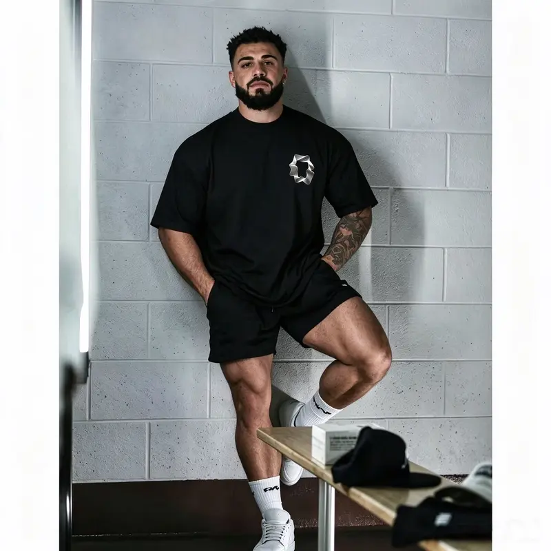 Men's Cotton Fabric Oversized T-Type Tee - Round Crew Neck, Short Sleeve, Abstract Wave Line Print, Streetwear Hip Hop Aesthetic, Figure-Flattering Unisex Top for New Year, Party Wear