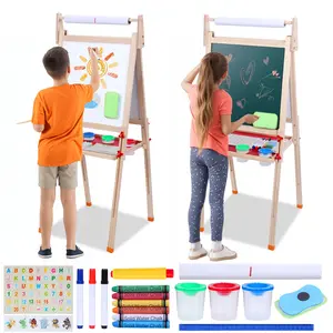Kids Easel, Toddlers Art Easel, Wooden Kid Easel with Paper Roll, Height Adjustable Magnetic Double Sided Easel, Kids Dry Erase Board
