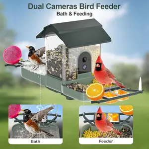Dual-Lens Smart Bird Feeder with Camera & Bird Bath, 2.4G WiFi 2K HD Live View, Auto Record Video, AI Identify, APP Instant Notifications, Solar Powered, Birdwatching Gifts for Family, Birds Lover