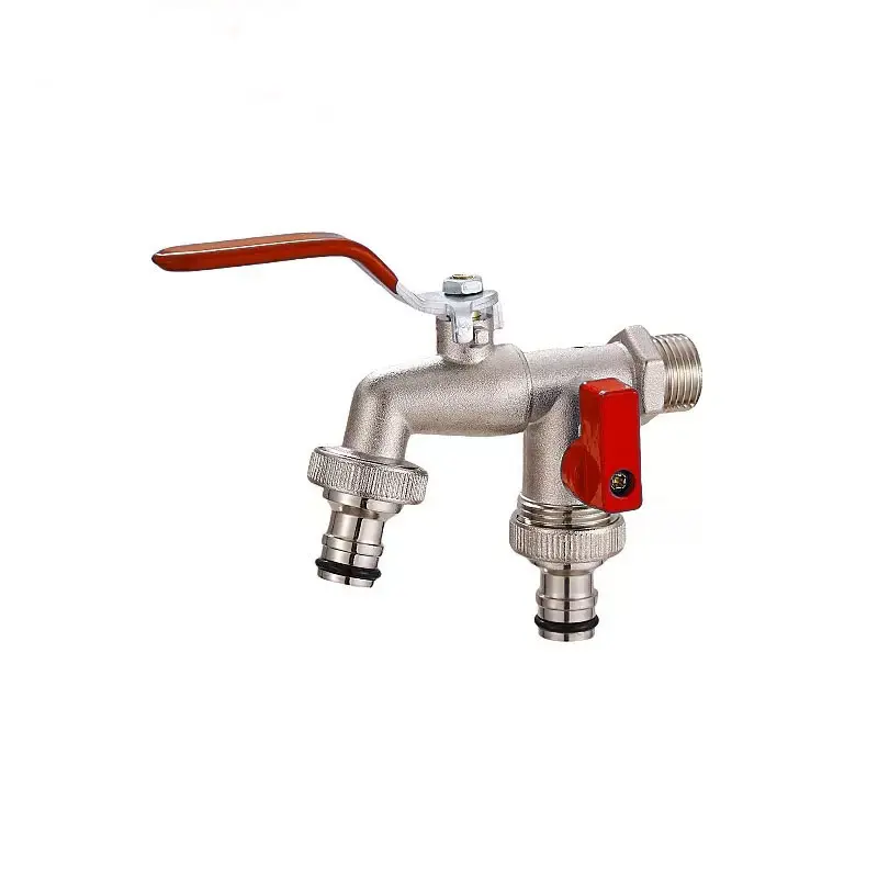 Universal Stainless Steel Dual Outlet Garden Faucet, Outdoor Tap with Independent On/off Valves, Hose Splitter Connector