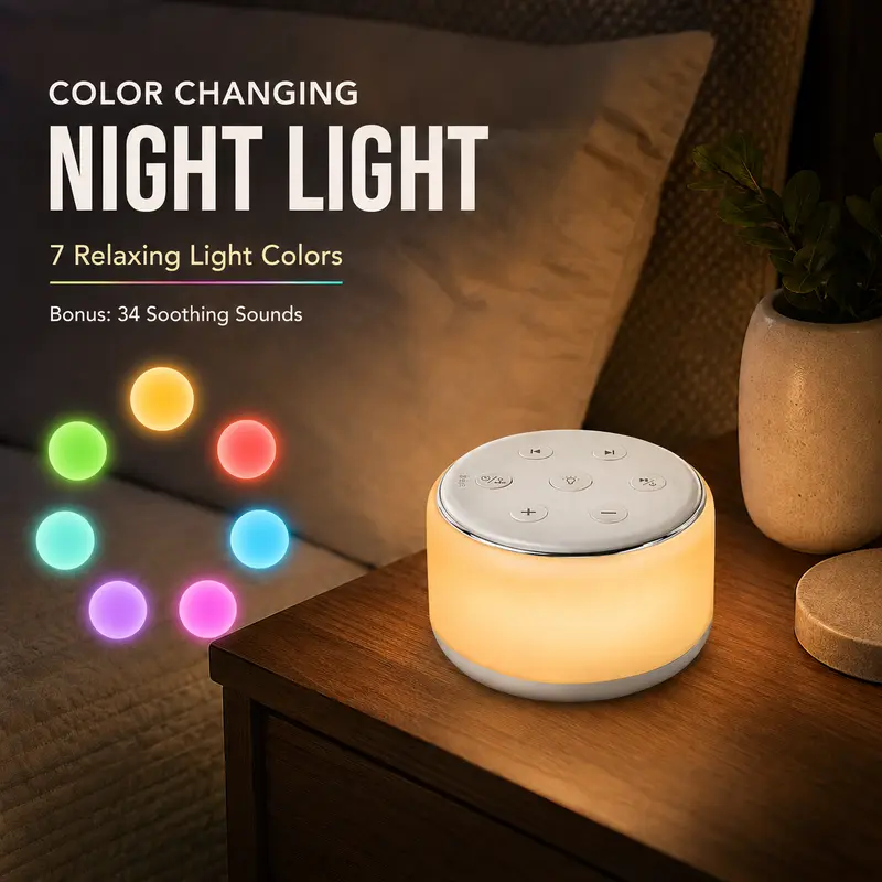 FamiSym Compact Adjustable LED White Noise Sleep Speaker - Customizable Nightlight with 7-Color Changing, 34 Soothing Audios, Timer, Helps Them Fall Asleep, Portable Kids Soother for Travel