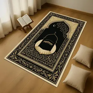 Islamic Kaaba Prayer Rug Flannel Area Rug - Muslim Mosque Crescent Moon Print Soft Mat for Living Room, Non-Slip Ramadan Home Decor#KaabaPrayerRug #IslamicMuslimMat #RamadanMosqueDecor #ArabicCarpet #NonSlipFlannelRug