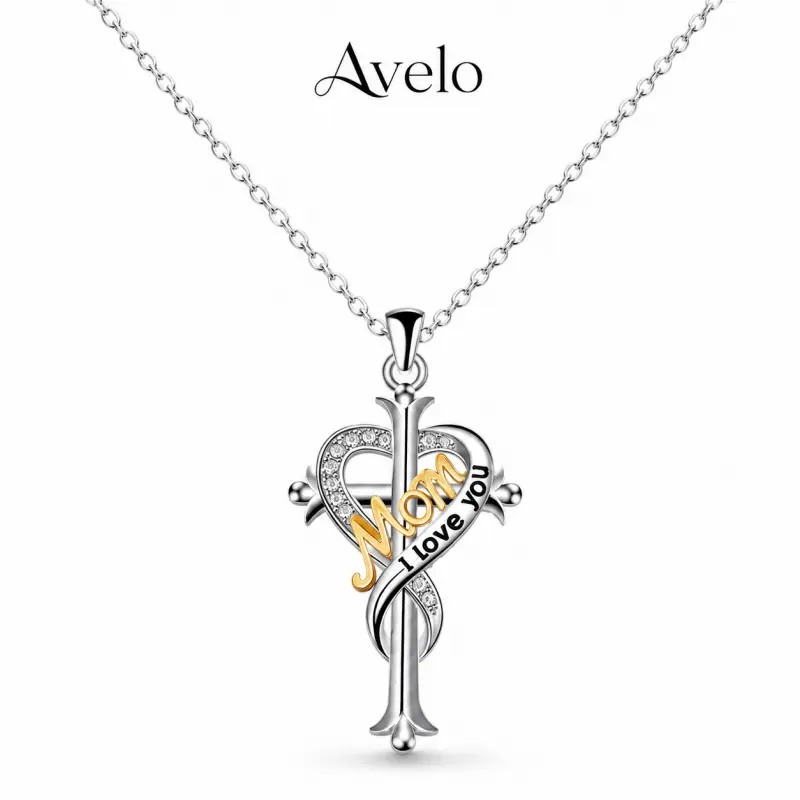 Mom Heart Cross Necklace for Women, Silver Crystal Pendant Necklace, Mother’s Day Jewelry Gift, Elegant Love Mom Necklace for Mom from Daughter Son