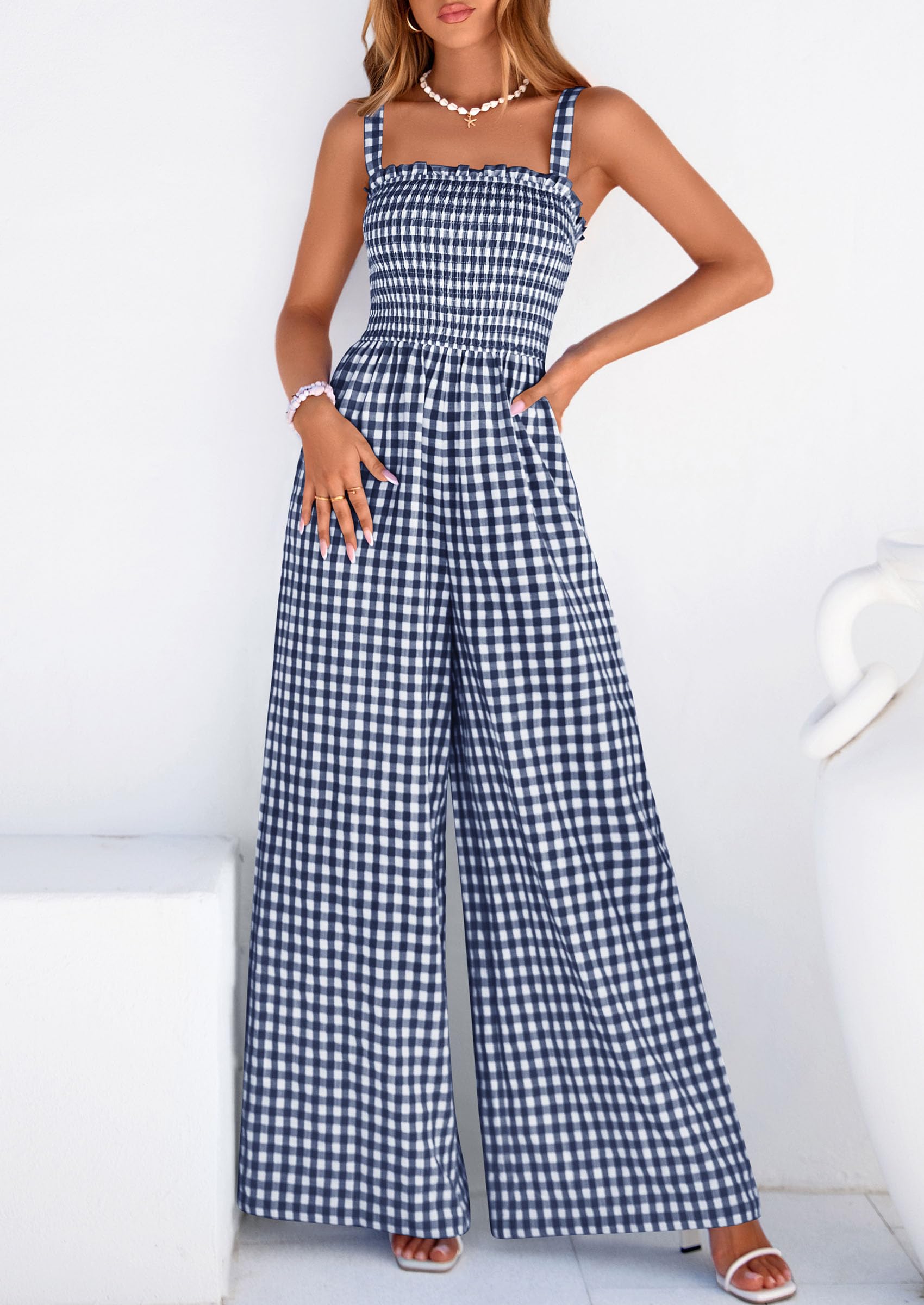 PrettyGarden Plaid One Piece Jumpsuits for Women Casual Summer Cruise Outfits Spring Fashion Smocked Wide Leg Gingham Rompers#Summervibes
