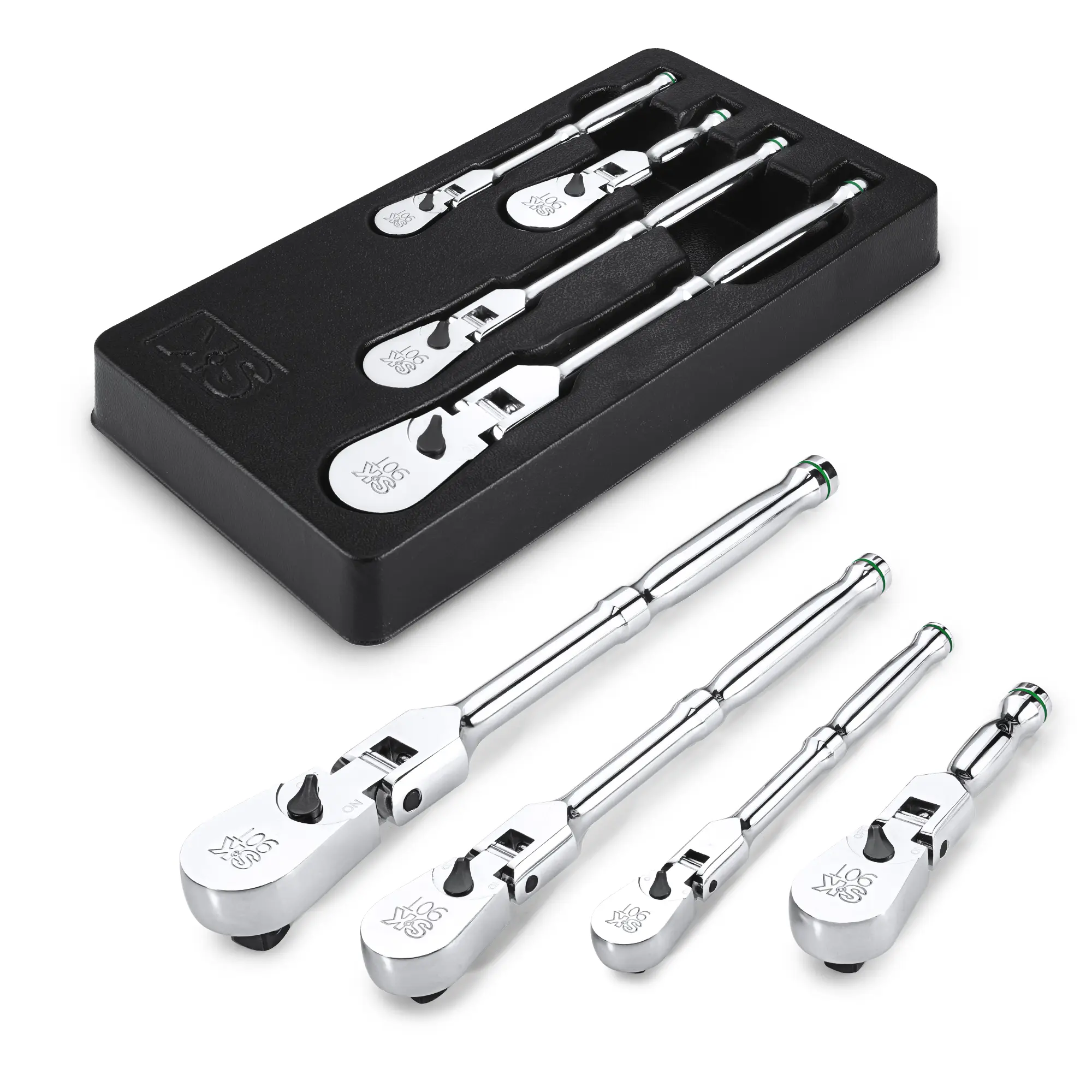 SK Flex-Head Ratchet, 1/4", 3/8", 1/2" Drive Ratchet, 90-Tooth, Premium CR-V Construction, Reversible Design, with Contoured Handle