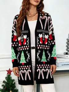 Women's Christmas Tree Candy Socks Knit Sweater, Casual Long Sleeve V-Neck Cardigan, Fall Winter Fashion, Daily Wear