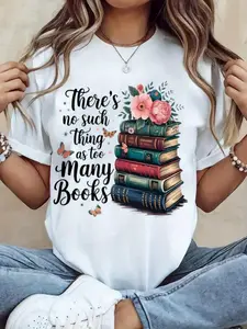 Women'S Fun Book Lover T-Shirt- "Too Many Books Are Not Enough" Pattern Short Sleeve Shirt- White Casual Daily Party Top- Pure Soft Breathable Summer Clothing, Essential for Reading Enthusiasts- Machine Washable Easy Care, Lightweight Comfortable