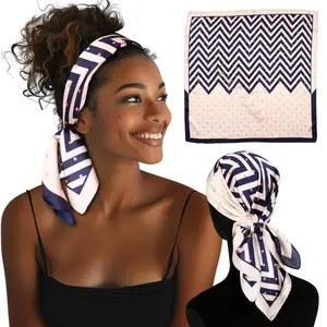 Small Satin Scarf Headband - Navy Zigzag Non-Slip