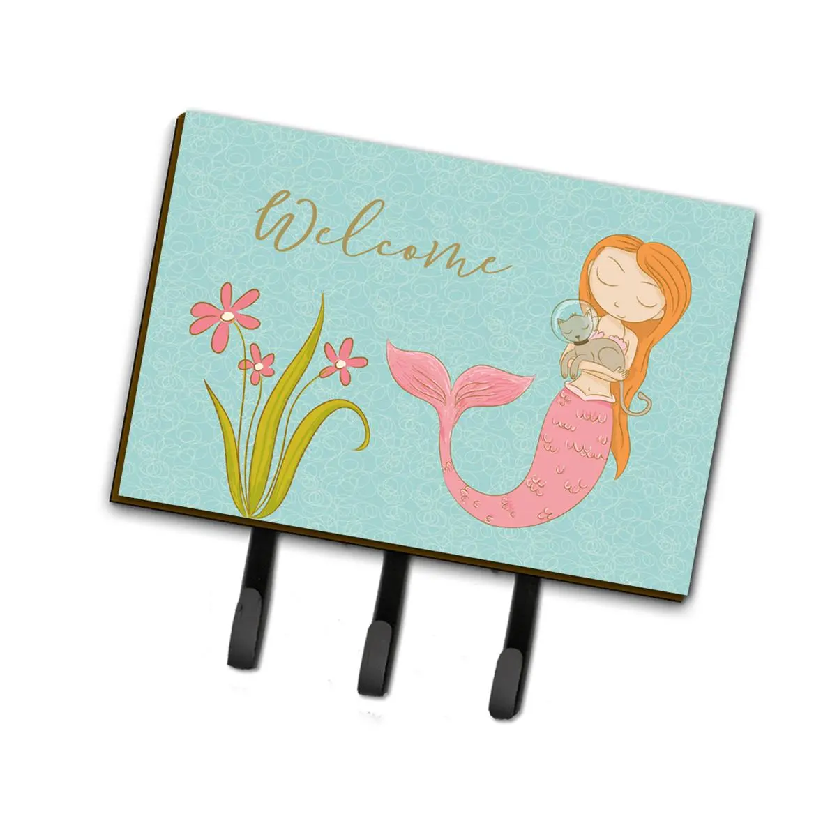 212 MAIN Mermaid with Cat Hanging Welcome Leash & Key Holder - Metal-Hardboard Hanger, Key Storage, Shelves, Nail-In Vertical Wall-Mounted Hook for Home Decor, Home Supplies