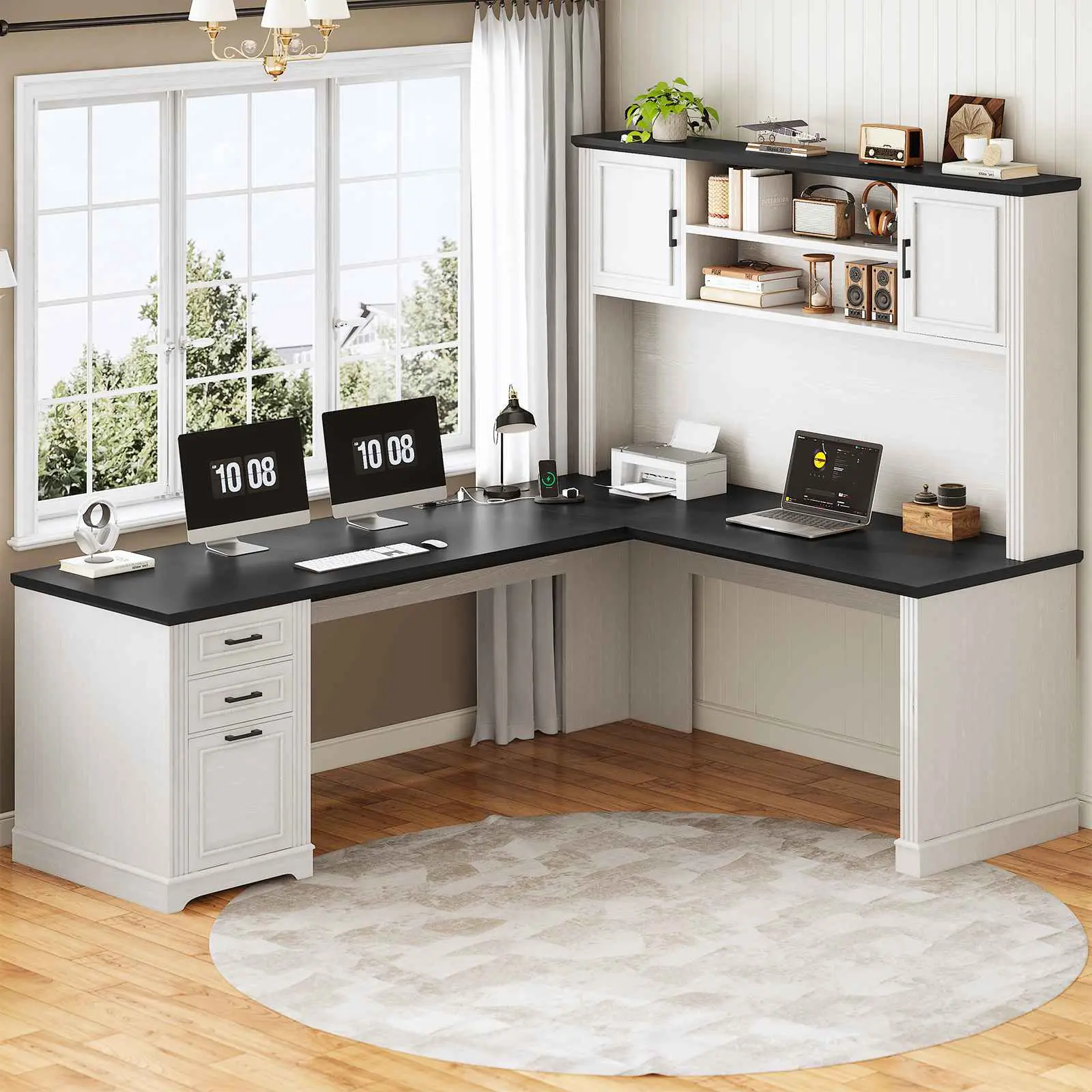 Sedeta 68.9 in L-Shape Corner Desk - Sturdy Modern Farmhouse Home Office Desk with Drawers, Lateral File Cabinet, Storage Shelves, Commercial Office Furniture, Corner Desks Sedeta 68.9 in L-Shape Corner Desk - Sturdy Modern Farmhouse Home Office Desk with Drawers, Lateral File Cabinet, Storage Shelves, Commercial Office Furniture, Corner Desks