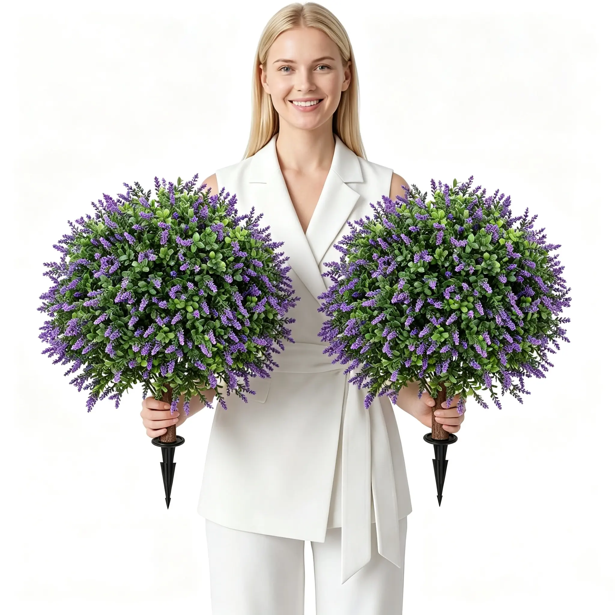 Artificial Boxwood Topiary Balls  with Lavender -24" Set of 2 Faux Shrub  Bushes UV Resistant Faux Outdoor Plants for  Indoor Porch Front Door, Evergreen Trees  Faux Plant with Ground Spike, Mother's Day  Gifts summerwins