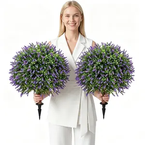 Set of 2 UV Resistant Artificial Lavender Topiary Balls with Ground Spike - No Maintenance Faux Evergreen Shrubs for Front Porch, Garden, Patio & Indoor Outdoor Decor