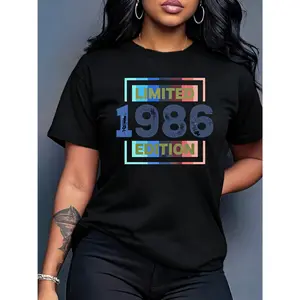 100% cotton women's short-sleeve top "LIMITED 1986 EDITION" vintage-style printed round neck, suitable for spring, summer, and autumn, fashionable and versatile women's top