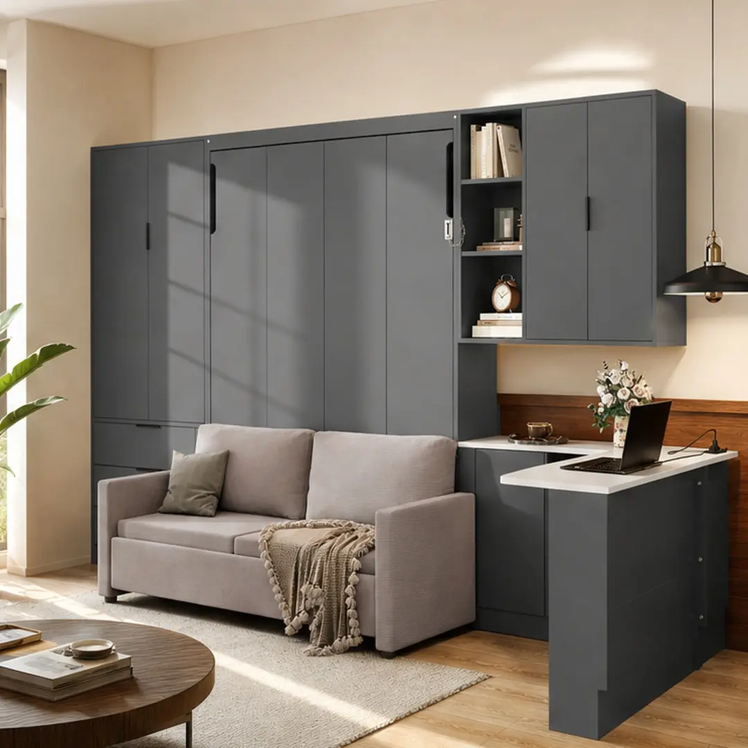 ARCH Queen Size Wall Murphy Bed Sofa - Dark Gray Solid Wood-MDF Sturdy Furniture with Hydraulic Lift, Beige Upholstery, Shelf+Drawers, Pillows, Head Read Light, LED-USB Ports, 750LBS Capacity, Small-Space Hero for Living Room, Home Office