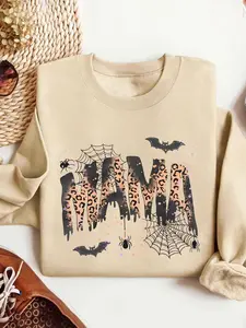 Women's Halloween Fall Winter Casual Long Sleeve Pullover Sweatshirt, Mama Leopard Print Bat Web Design, Fitted Moderate Fabric