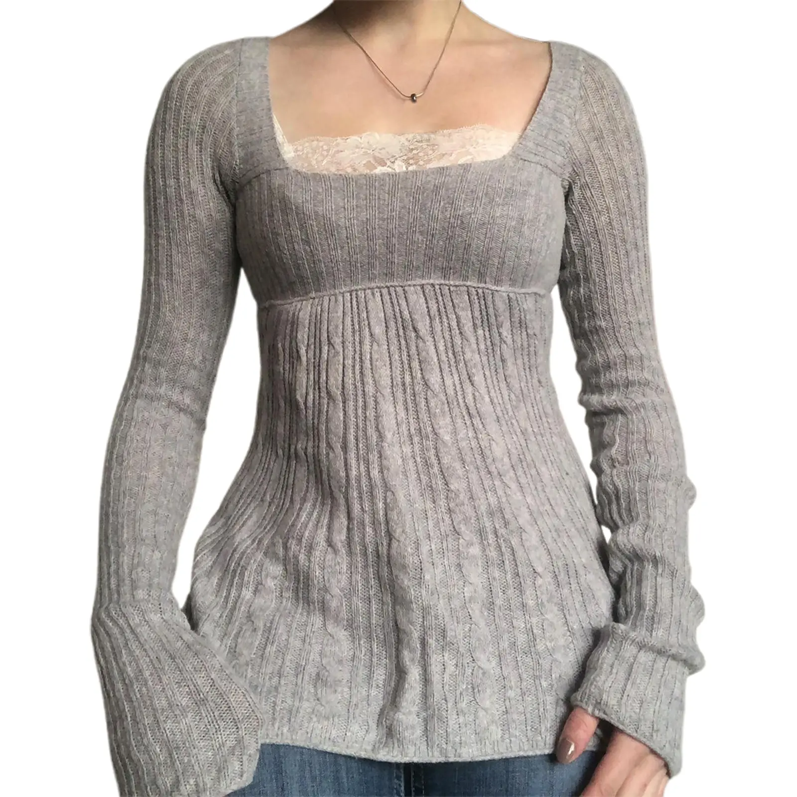 Women's Chic Cable Knit Sweater Tops, Long Sleeve Square Neck Solid Color Loose Fit T-Shirts, Cozy & Casual Sweaters for Fall & Winter, effortless layering, chic everyday, refined casual
