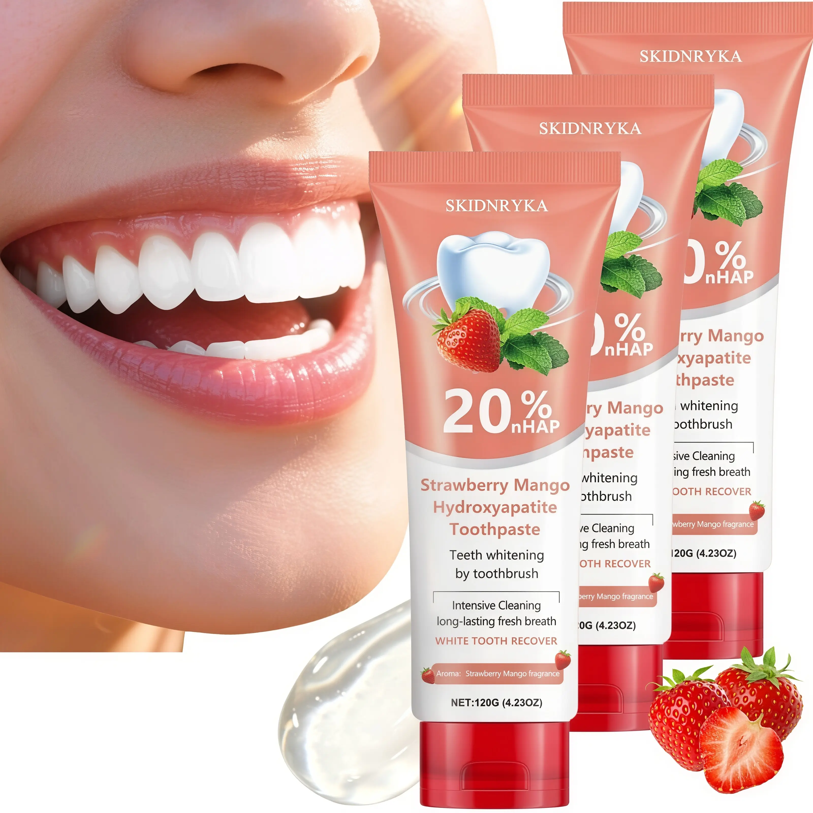 SKIDNRYKA strawberry-flavored whitening toothpaste contains 20% hydroxyapatite and strawberry extract; it is gentle and non-irritating, providing deep cleaning. It is suitable for family oral care and hygiene and makes an ideal gift choice.