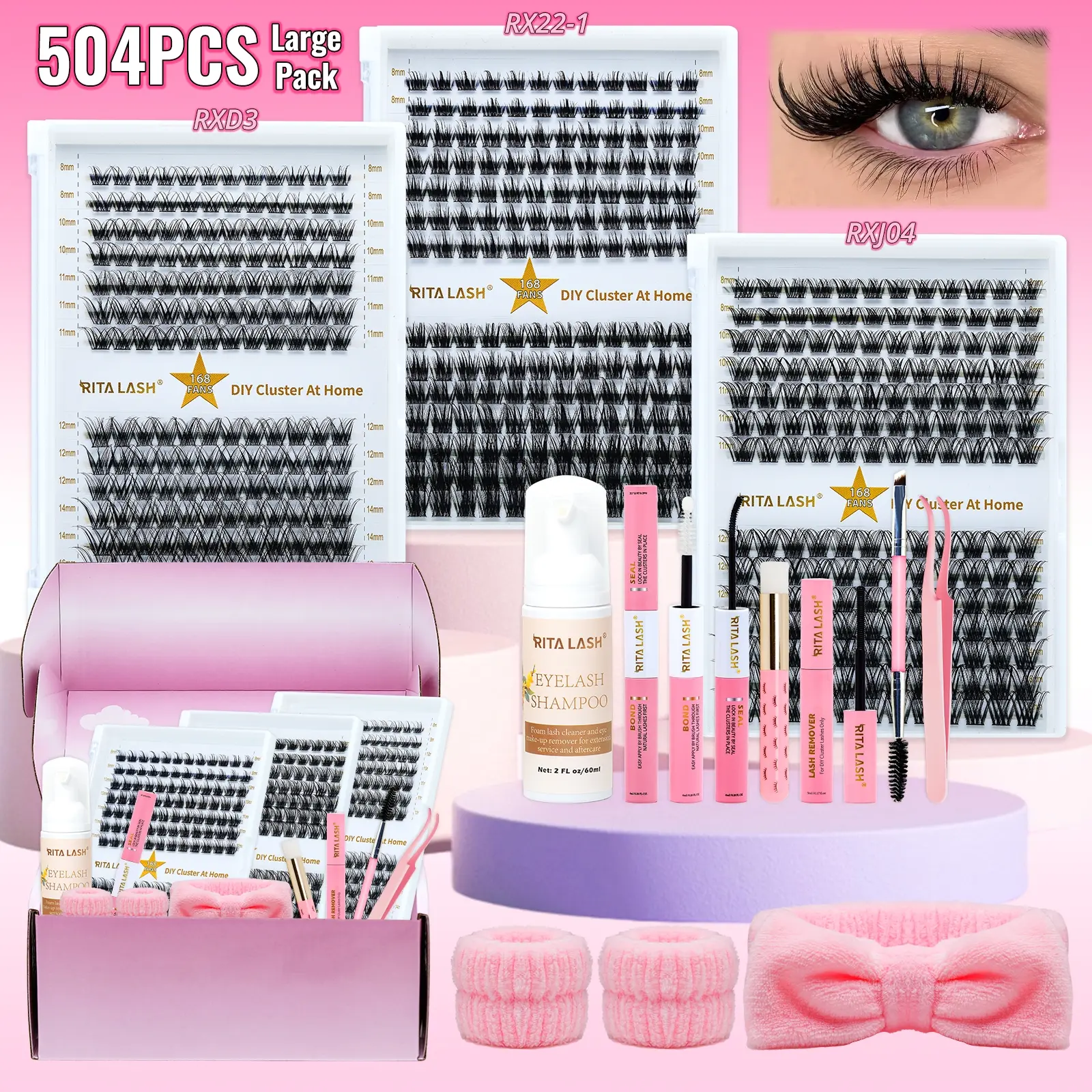 RITALASH 504Pcs Lash Extension Kit, Diy Eyelash Extensions, Individual Lashes Clusters, D Curl Eyelash Extension With Bond, Seal, and Lash Applicator Tool, For Daily Use, Party, Travel, or as a Gift