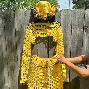 Crochet4Yah Matching Mesh Top & Maxi Skirt Set with Hat for Women - Knitwear - Womenswear