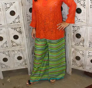 Cotton Boho Pants, Loose Palazzo Green Stripe Pants, M