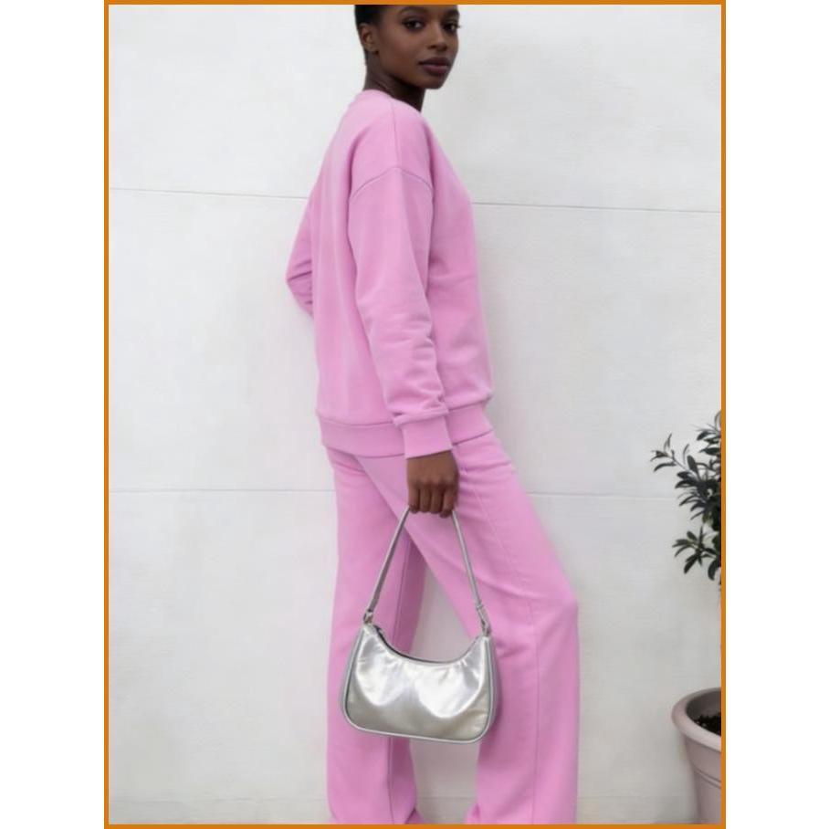 Women's Pink Cotton Crewneck Sweatshirt Set – Casual Pullover Hoodie & Jogger Pants 2 Piece Loungewear Set