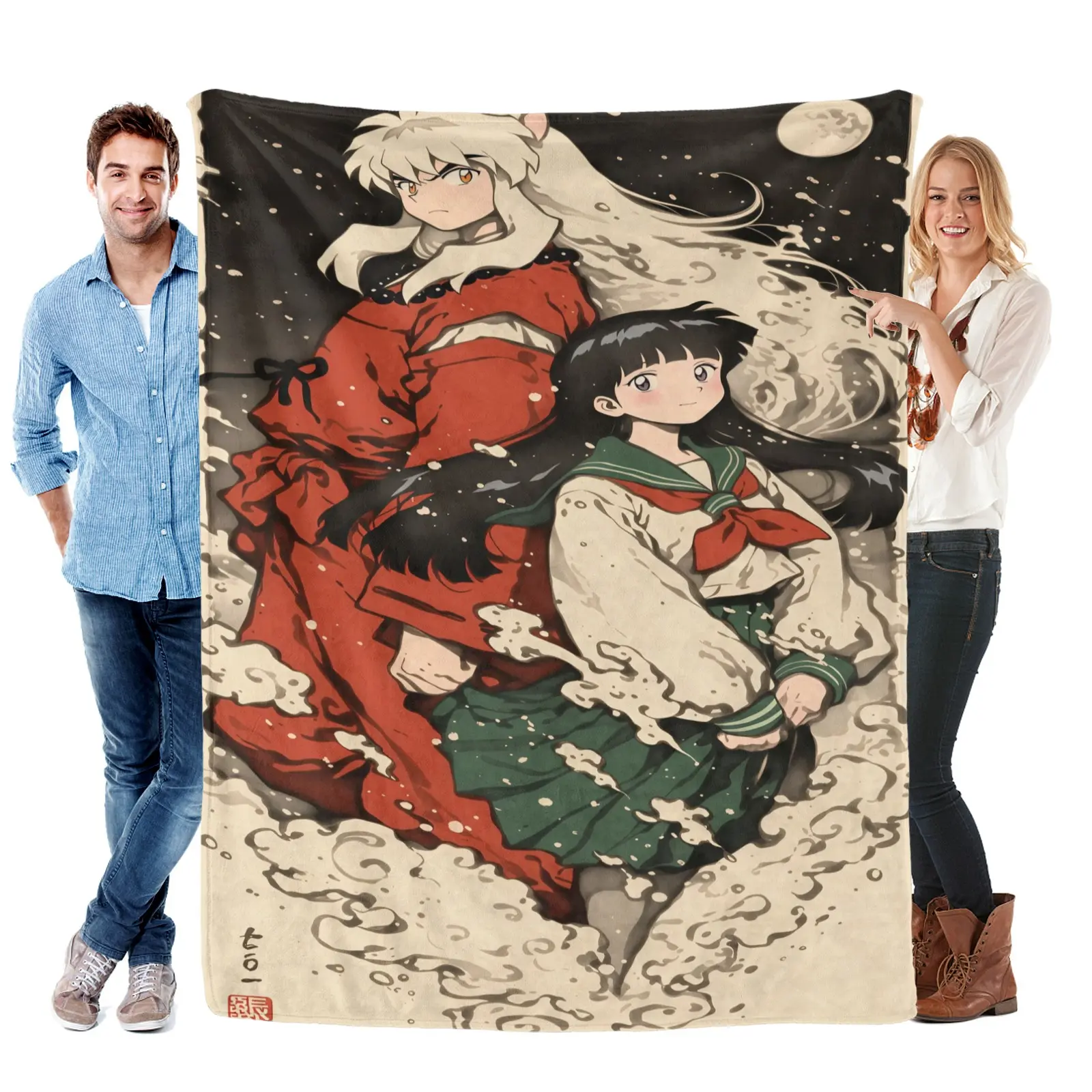 Inuyasha Cherry Blossom Sunset Japanese Anime Group Portrait Fleece Throw Blanket, Sakura Valley Fantasy Manga Characters Flannel Blanket Bedroom Decor