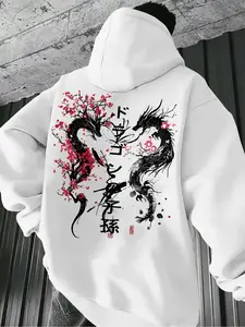 Men's Casual Hooded Sweatshirt with Japanese Dragon Print, Soft Polyester Fabric, Drawstring Pocket Long Sleeve Pullover for Fall & Winter Hoodie Sweatshirt