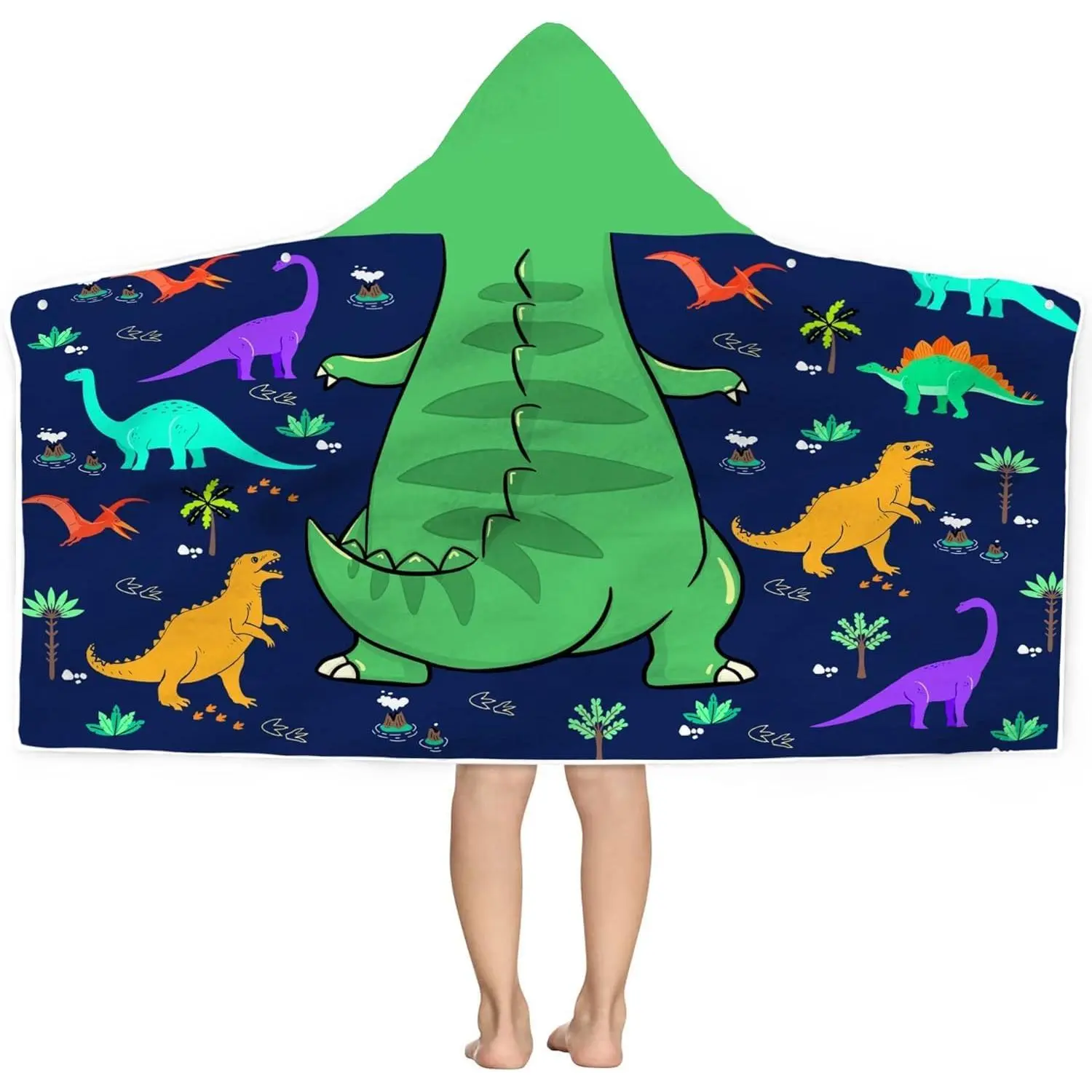 L-NG029  Dinosaur Beach Towel With Hood for Kids - T-Rex Hooded Towel for Boys 30x50 Cool Cartoon Microfiber Bath Poncho Bathrobe for Swim Pool Cover Up, Green Blue Birthday Gifts Cloth Cotton Traditional Space