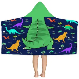 L-NG029  Dinosaur Beach Towel With Hood for Kids - T-Rex Hooded Towel for Boys 30x50 Cool Cartoon Microfiber Bath Poncho Bathrobe for Swim Pool Cover Up, Green Blue Birthday Gifts Cloth Cotton Traditional Space
