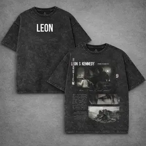 Washed Tee, Resident  Evil 9 Biohazarh Hoodie & T-shirt Leon Kennedy Graphic, Vintage Acid Wash Apparel, Survial Horror Game Merch, Japanese Aesthetic Pullover