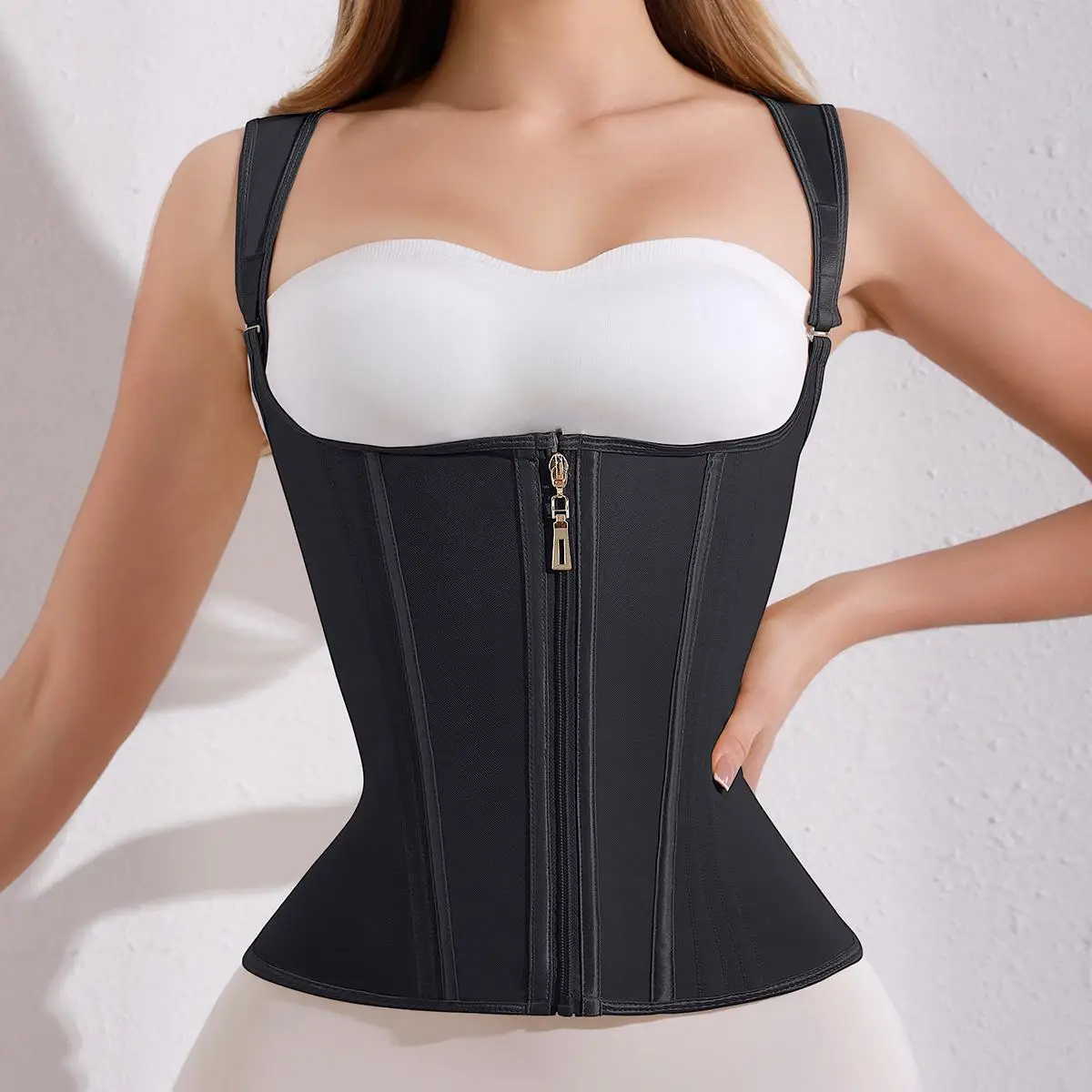 Sporty Women's Solid Color Zipper Open Bust Sports Waist Trainer Shapewear, Adjustable Hook & Eye Front Waist Cincher, Womenswear, Sports Tummy Contr