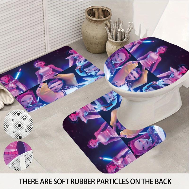 K-Pop Demon Hunters Bathroom Set, Shower Curtain with Hooks, Non-Slip Bath Rug, U-Shaped Toilet Mat, Toilet Lid Cover, Bathroom Decoration Accessories